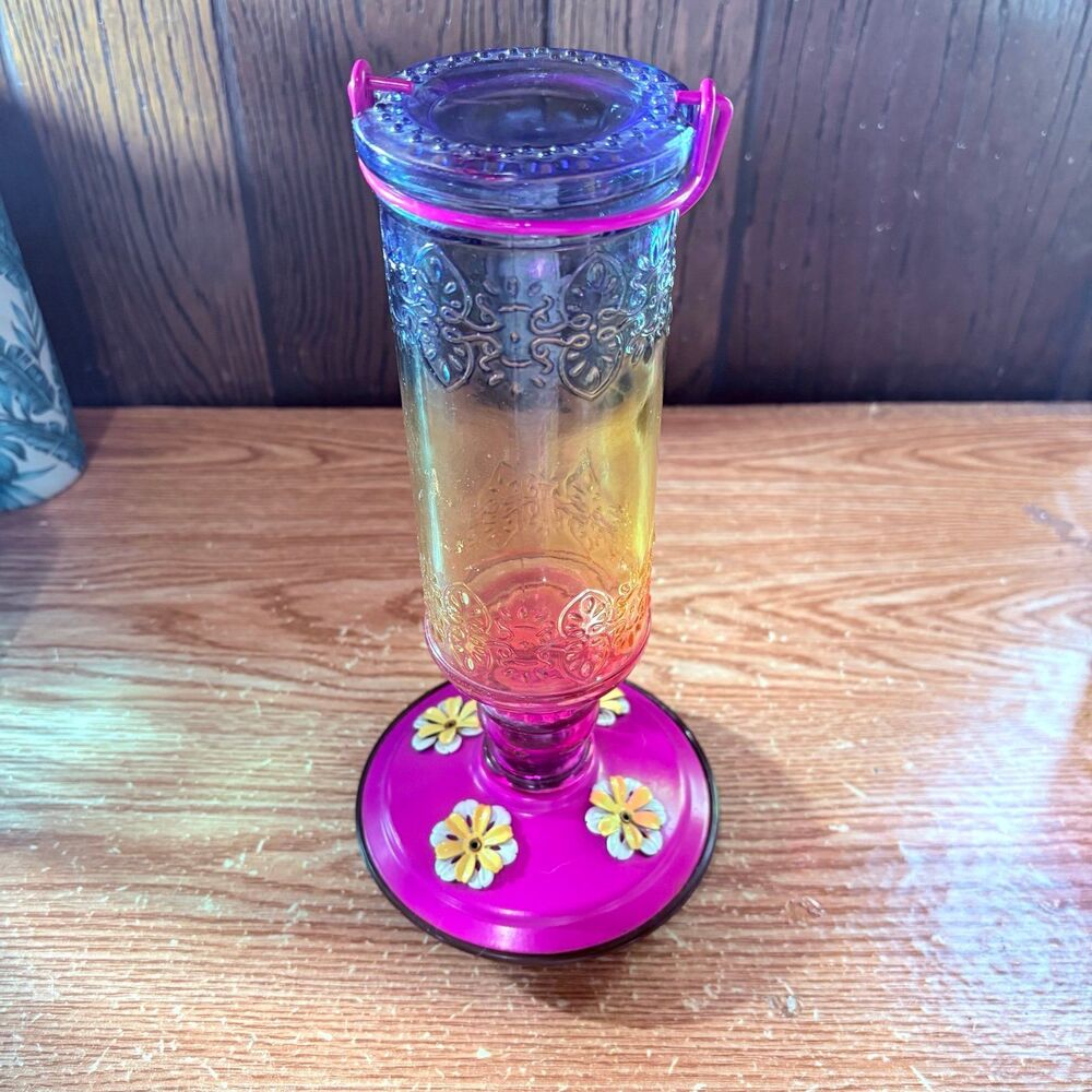 Humming Bird Feeder Glass Metal Bottom Multi Colored 12" Tall